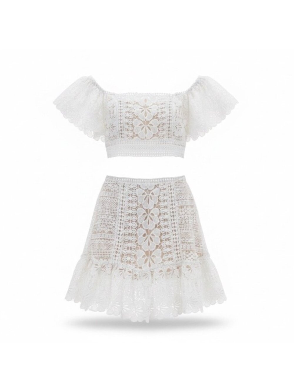 Selfie Leslie Womens White Crochet Lace 2-Piece Outfit Top XS  & Skirt S